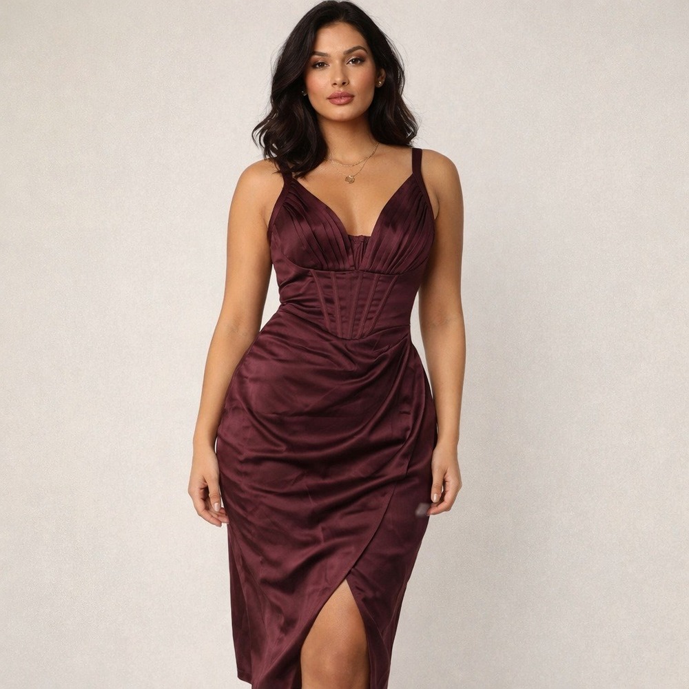 Edges of Her Dress Brown Satin Corset Pleated Midi Wrap Women Size Small